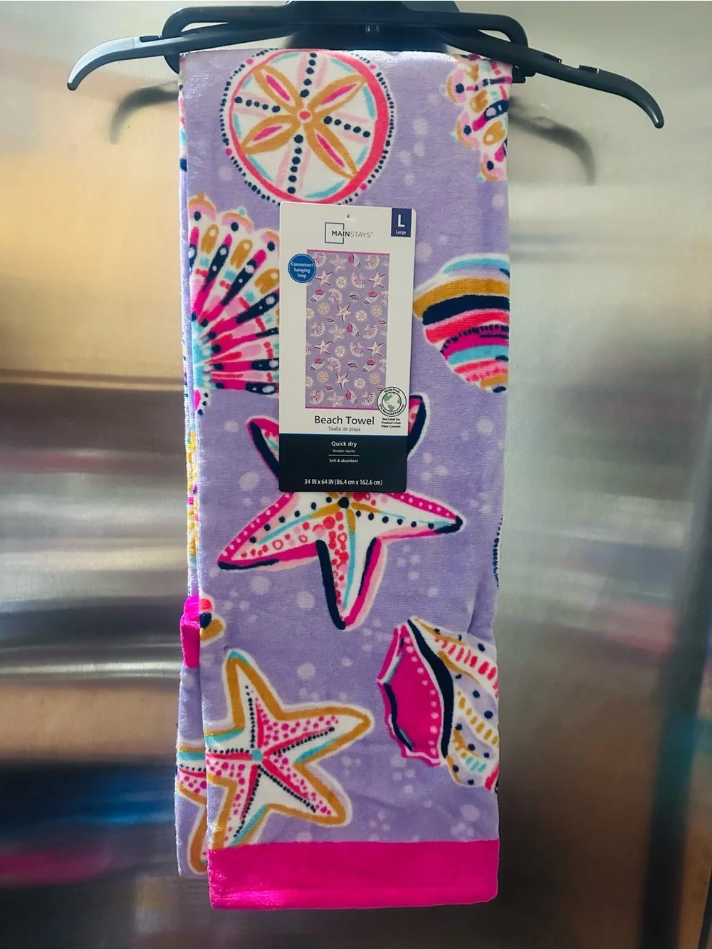 Mainstays✨💜🐚⭐️🩷 Purple Starfish & Seashell Beach Towel with Hot Pink Trim